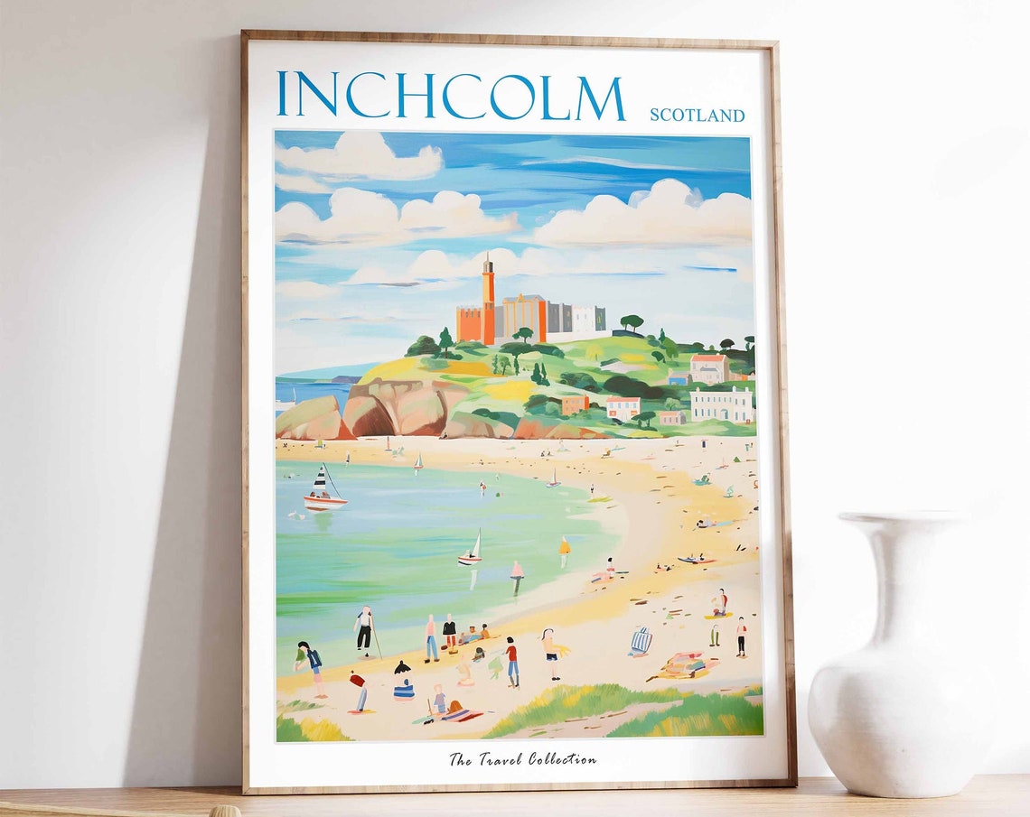 Inchcolm Scotland Castle Tower Seaside Beach Walkers Scene Poster