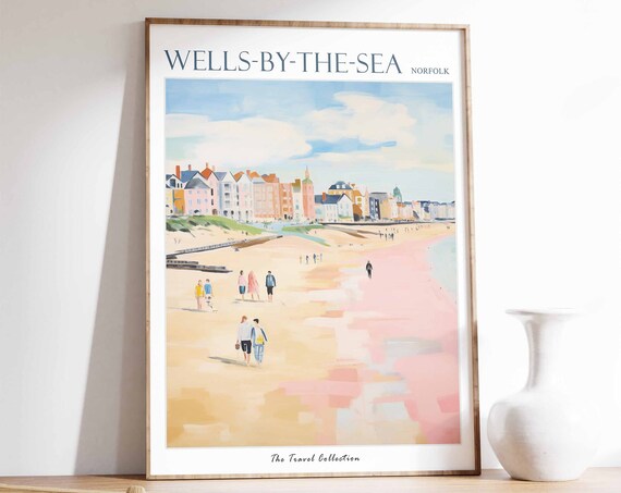 Wells-by-the-Sea Norfolk Beach Colorful Town Walkers Travel Poster