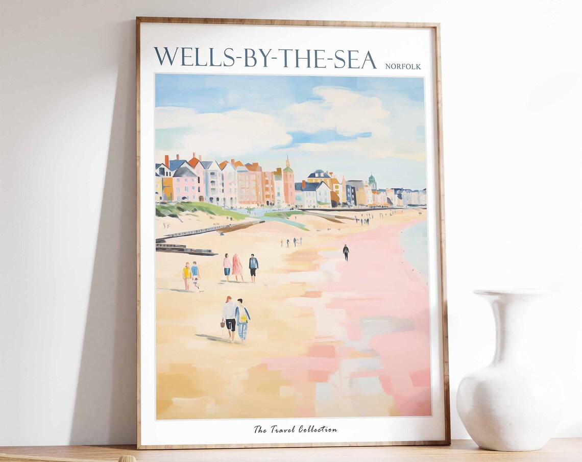Wells-by-the-Sea Norfolk Beach Colorful Town Walkers Travel Poster