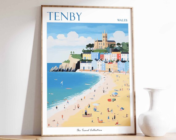 Tenby Poster Tenby Travel Print Wales Travel Poster Welsh Decor Tropical Decor Sea Print Tenby Gift Tenby Travel Poster