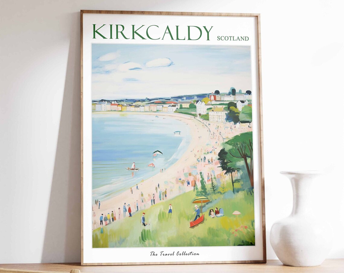 Kirkcaldy Scotland Busy Sandy Beach Summer Scene Travel Poster
