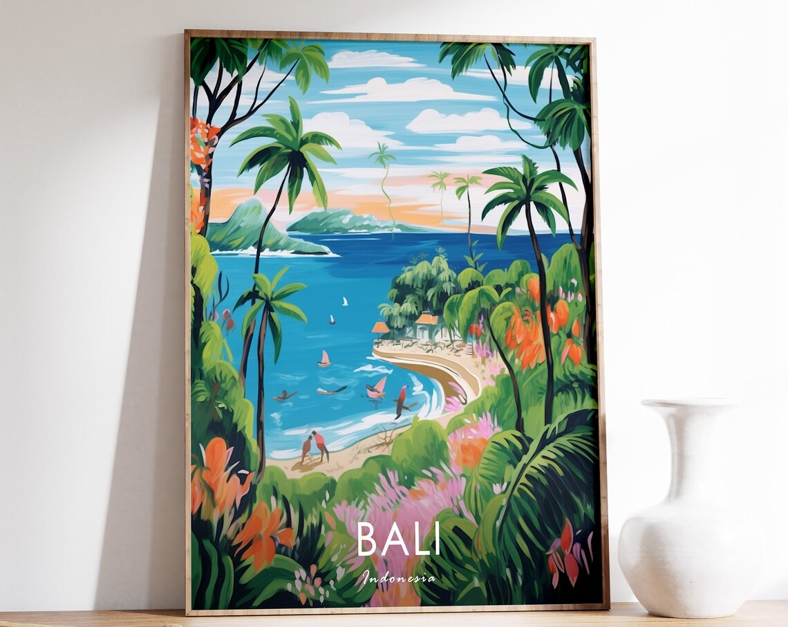 Bali Indonesia Tropical Beach Palms Surfers Painting Travel Poster