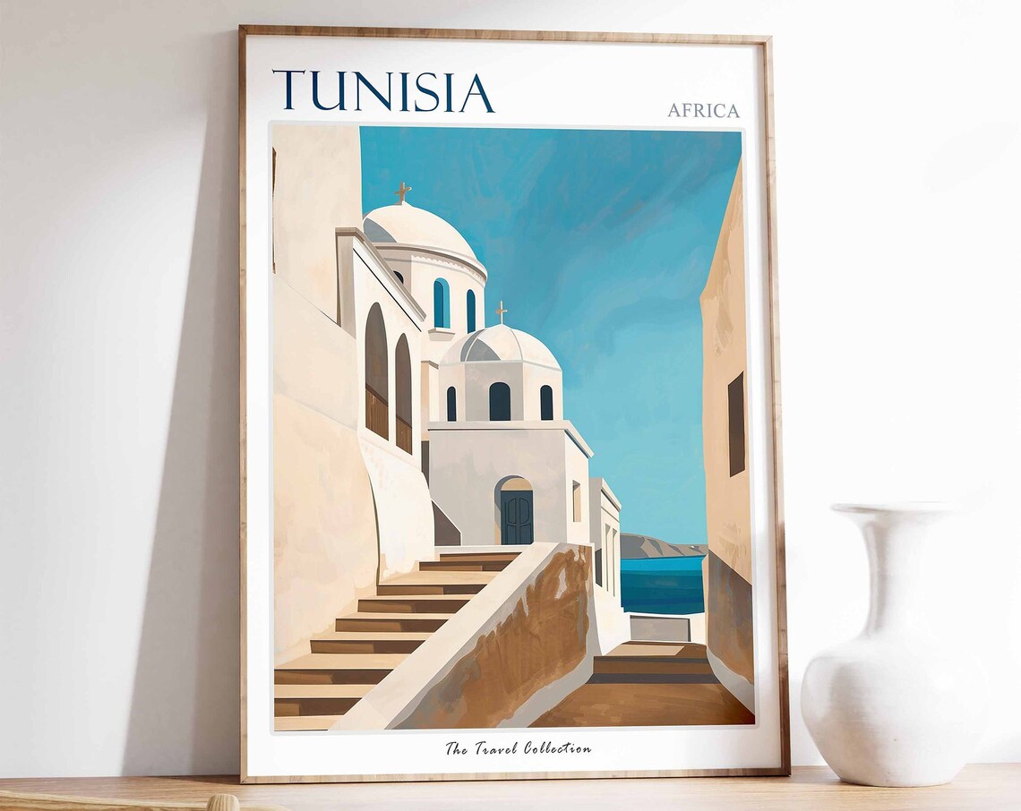 Tunisia Africa Whitewashed Church Steps Sea View Illustration Poster