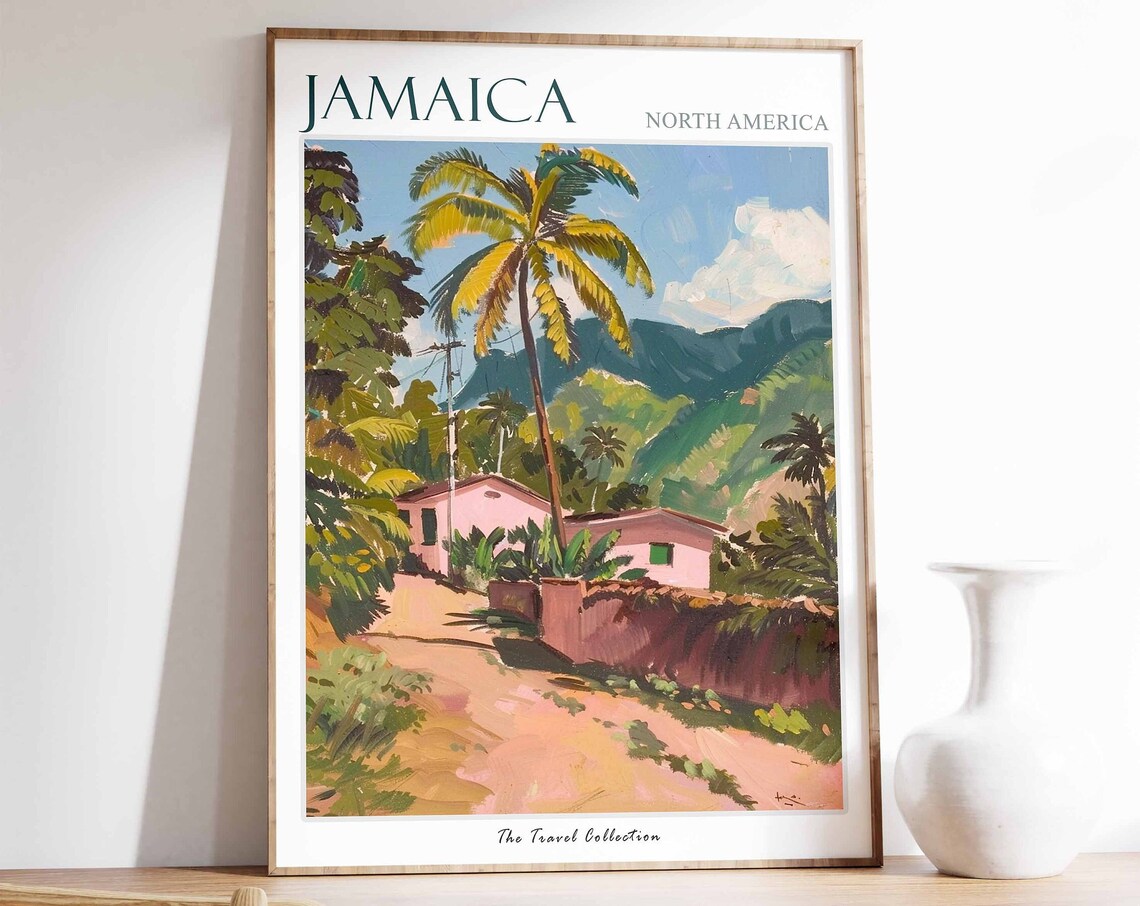 Jamaica Caribbean Pink House Palm Tree Green Hill Art Poster