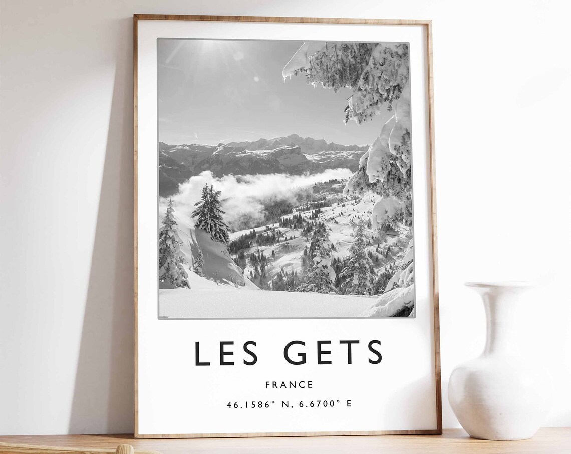 Les Gets France Black and White Snowy Alps Winter Ski Travel Poster