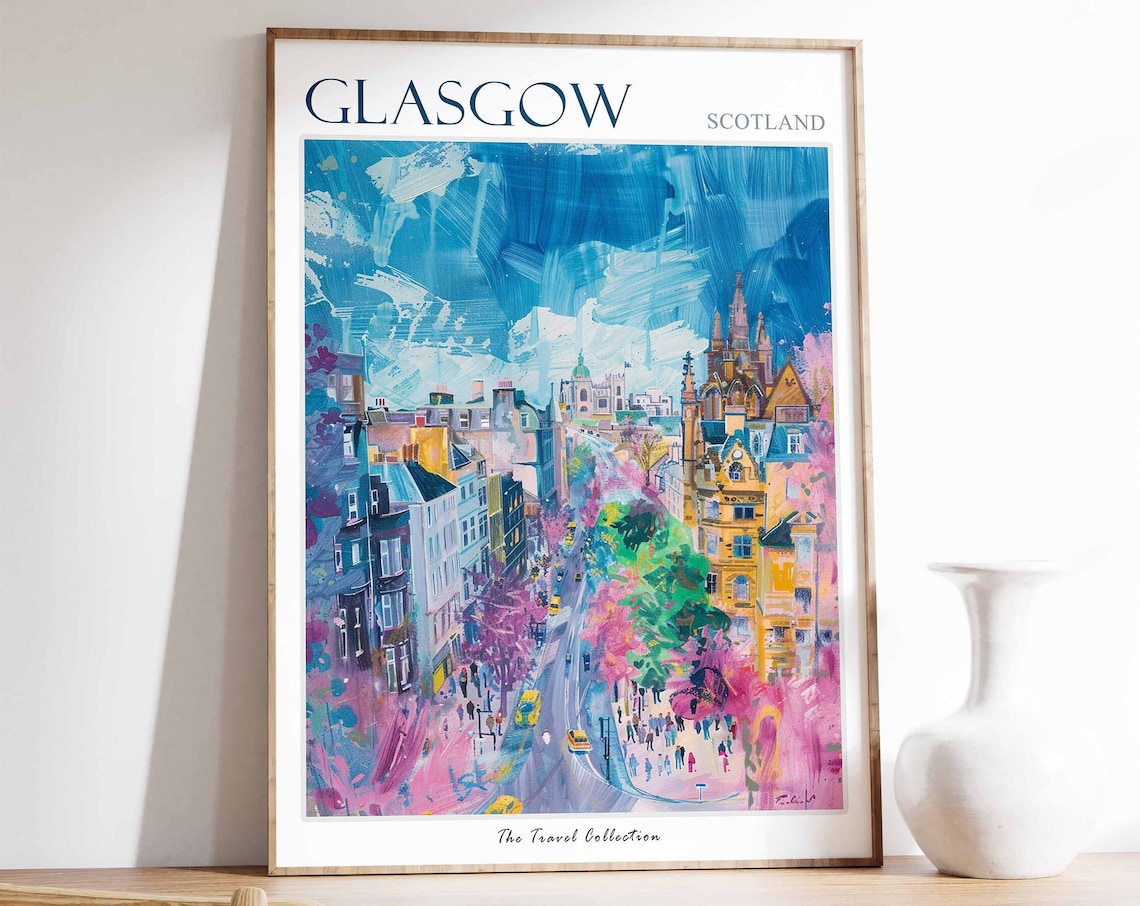 Glasgow Travel Poster, Scottish Botanical Art Print