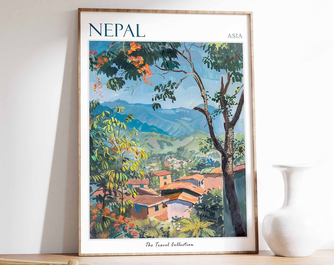 Nepal Asia Mountain Village Terracotta Red Roof Houses Hills Poster