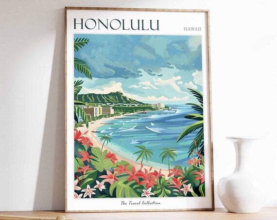 Honolulu Poster Honolulu Travel Print Hawaii Travel Poster Coastal Decor Hawaii Travel Print Beach Art Honolulu Gift Hawaii Gift