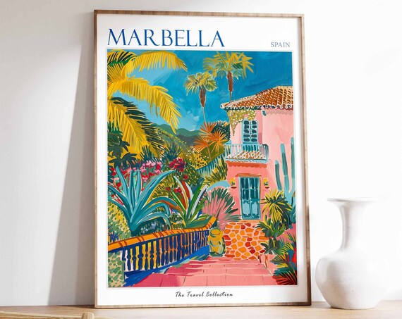 Marbella Poster Marbella Travel Print Spain Travel Poster Tropical Decor Beach Art Travel Gift Floral Print Coastal Decor