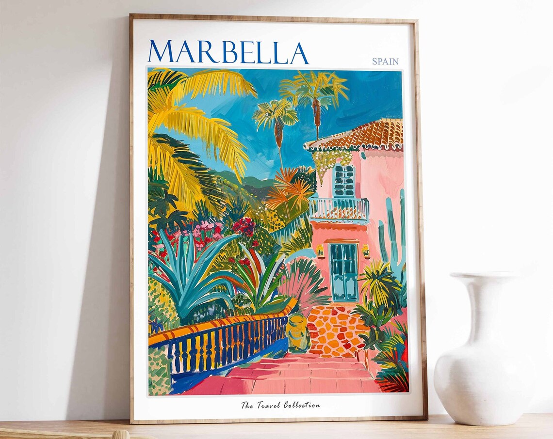 Marbella Spain Pink Villa Terrace Tropical Garden Art Poster