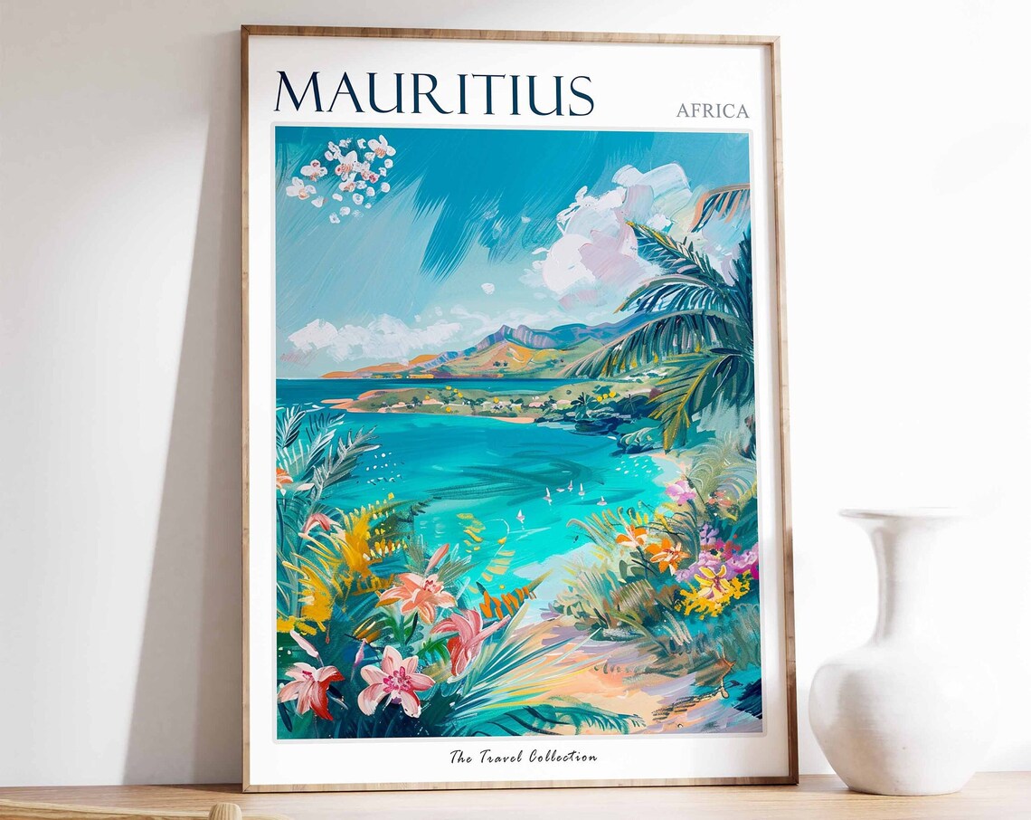 Mauritius Travel Poster, Tropical Botanical Decor Print