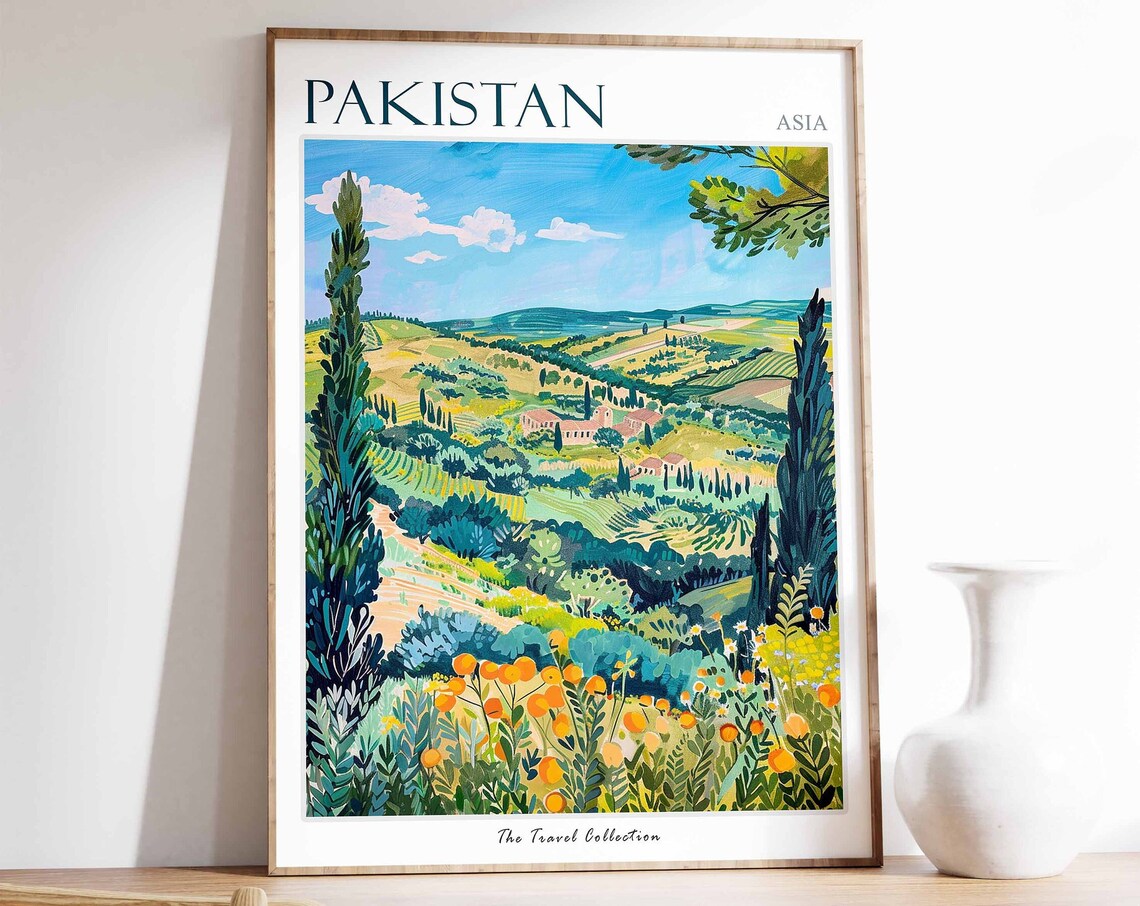 Pakistan Asia Green Valley and Cypress Tree Wildflower Art Poster