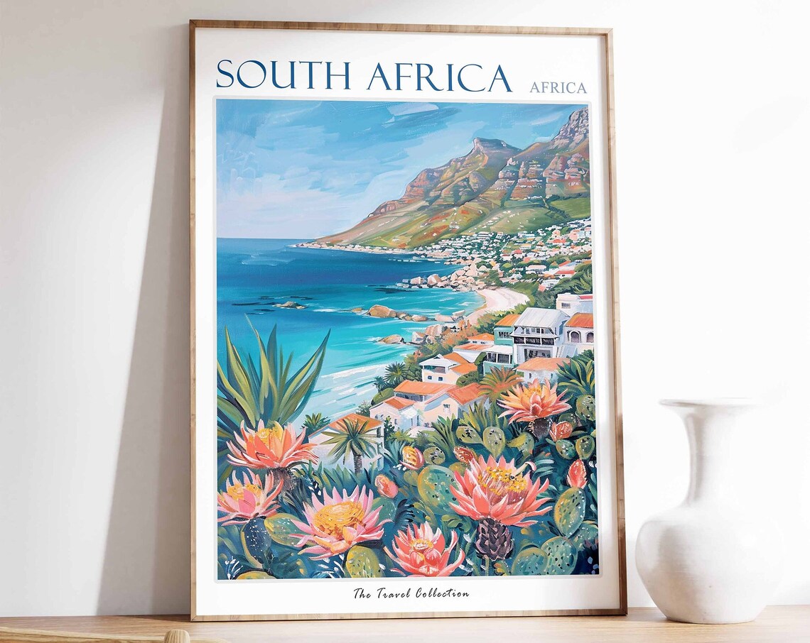 South Africa Coastal Town Protea Flowers Cape Shoreline Art Poster