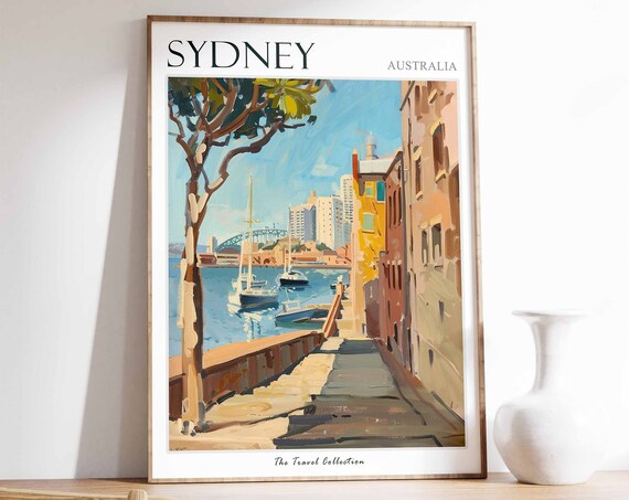 Sydney Australia Harbour Painting with Sailboats and Bridge Poster