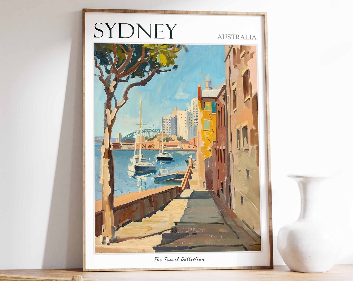 Sydney Australia Harbour Painting with Sailboats and Bridge Poster