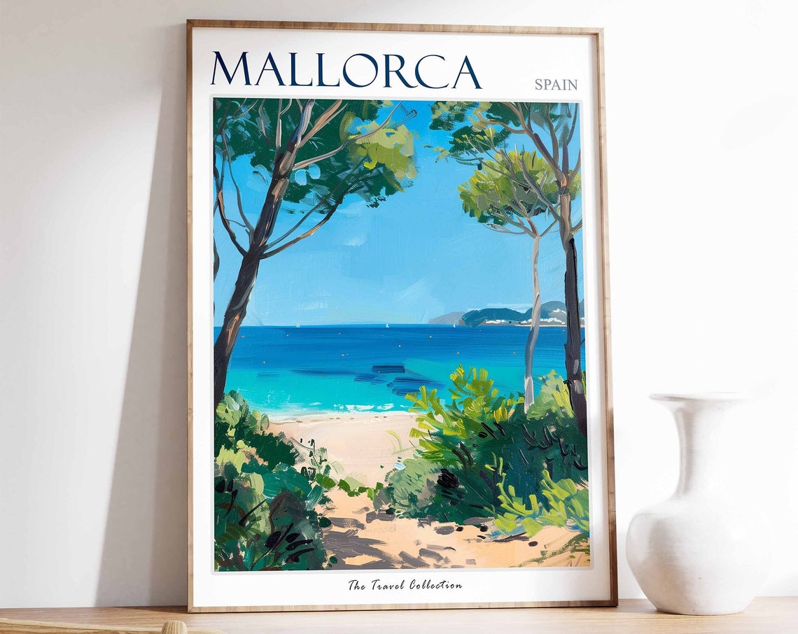 Mallorca Spain Tropical Beach Pine Trees Seaside Travel Art Poster