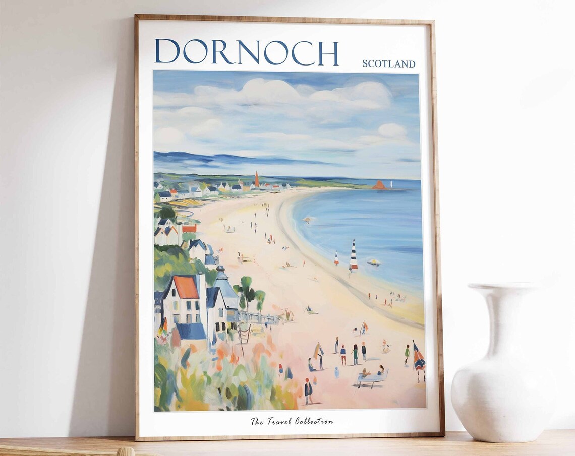 Dornoch Scotland Curving Sandy Beach With Sailboats Travel Poster
