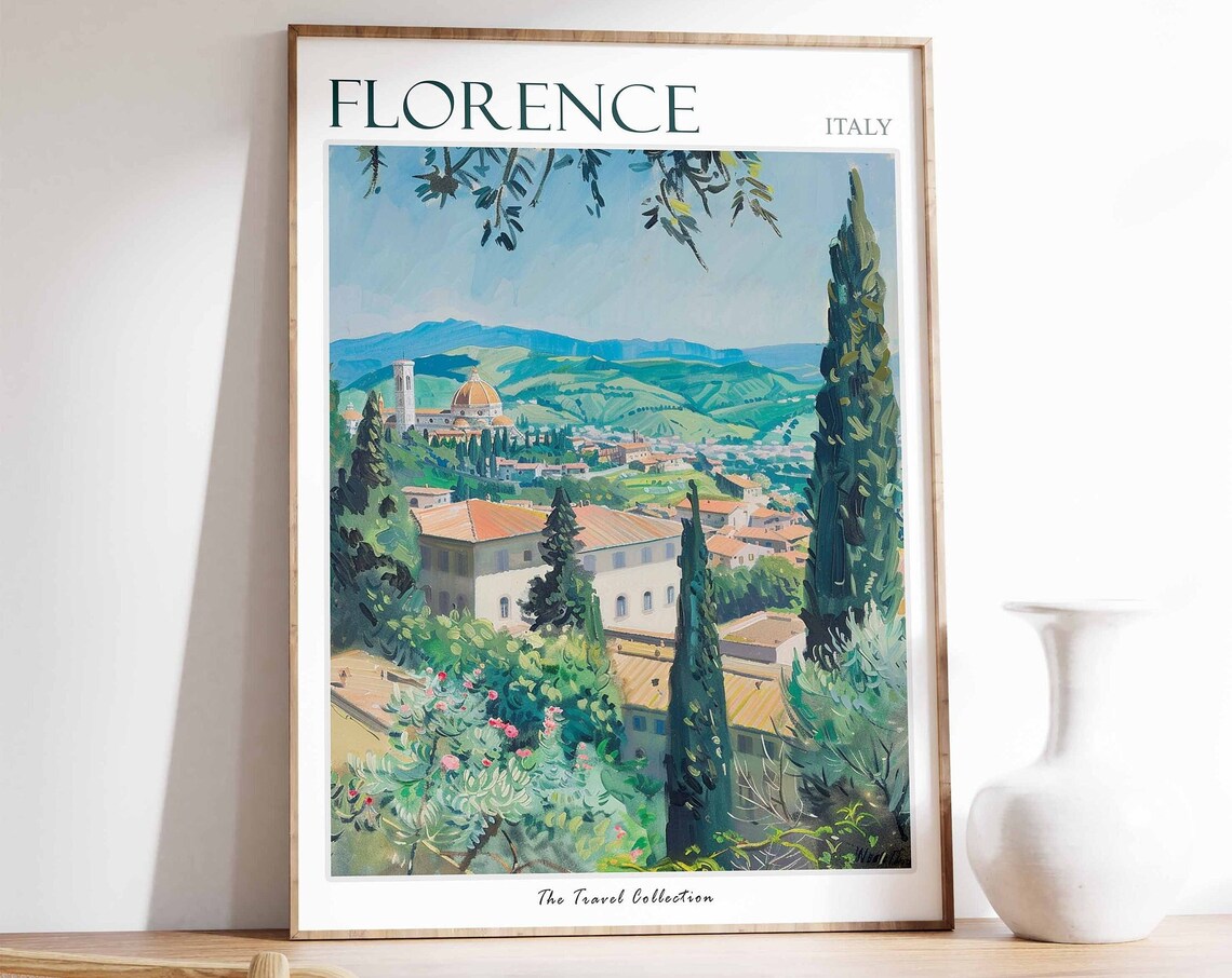 Florence Italy Travel Poster Tuscan Hills Cypress Trees And Duomo