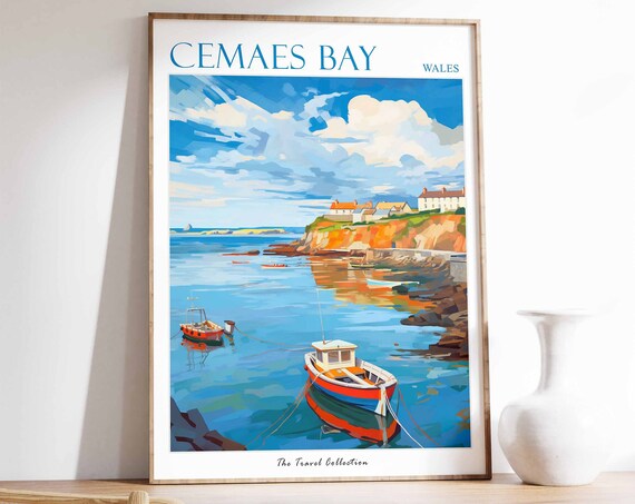 Cemaes Bay Wales Harbor Fishing Boats Cliffs Seaside Travel Poster