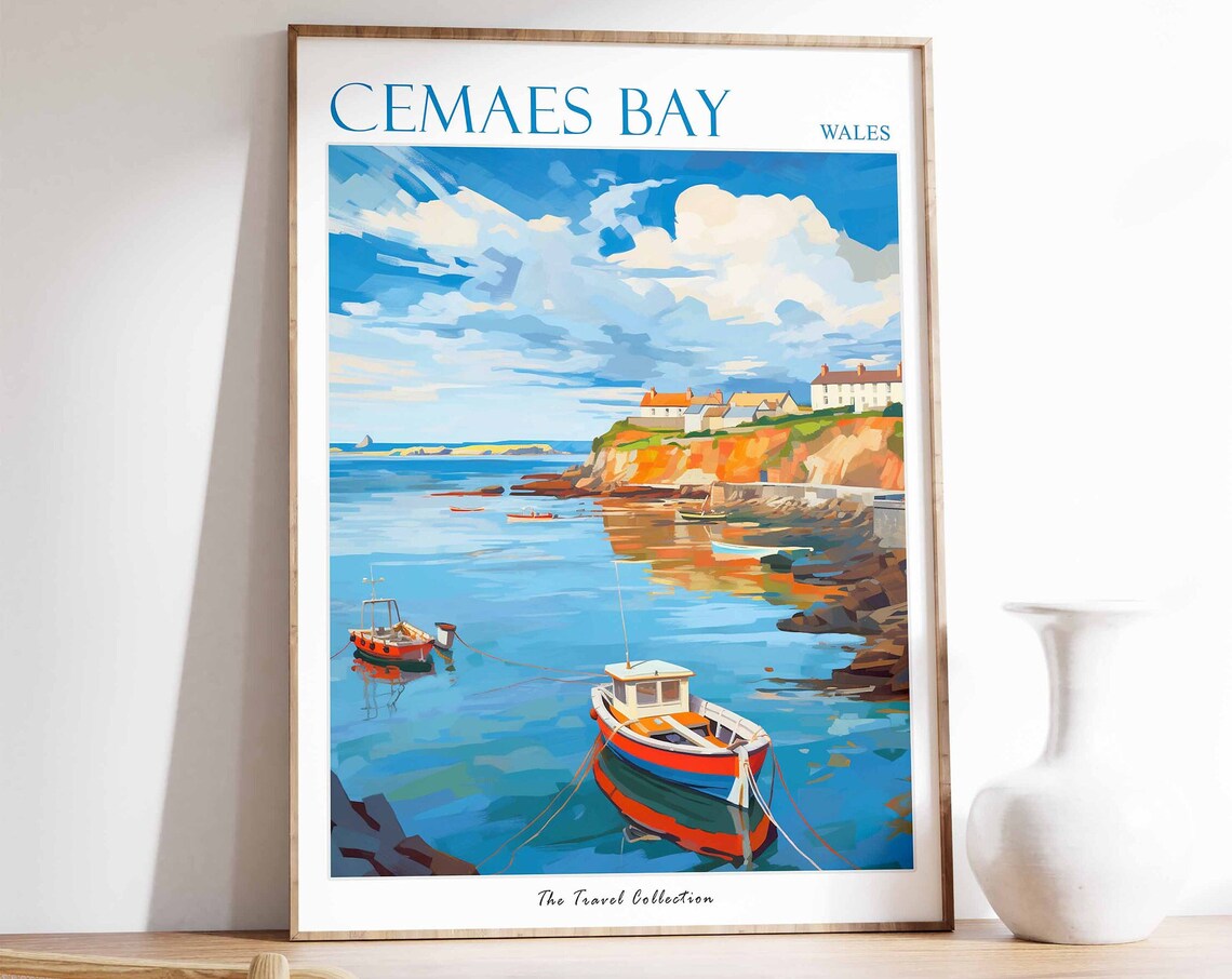 Cemaes Bay Wales Harbor Fishing Boats Cliffs Seaside Travel Poster