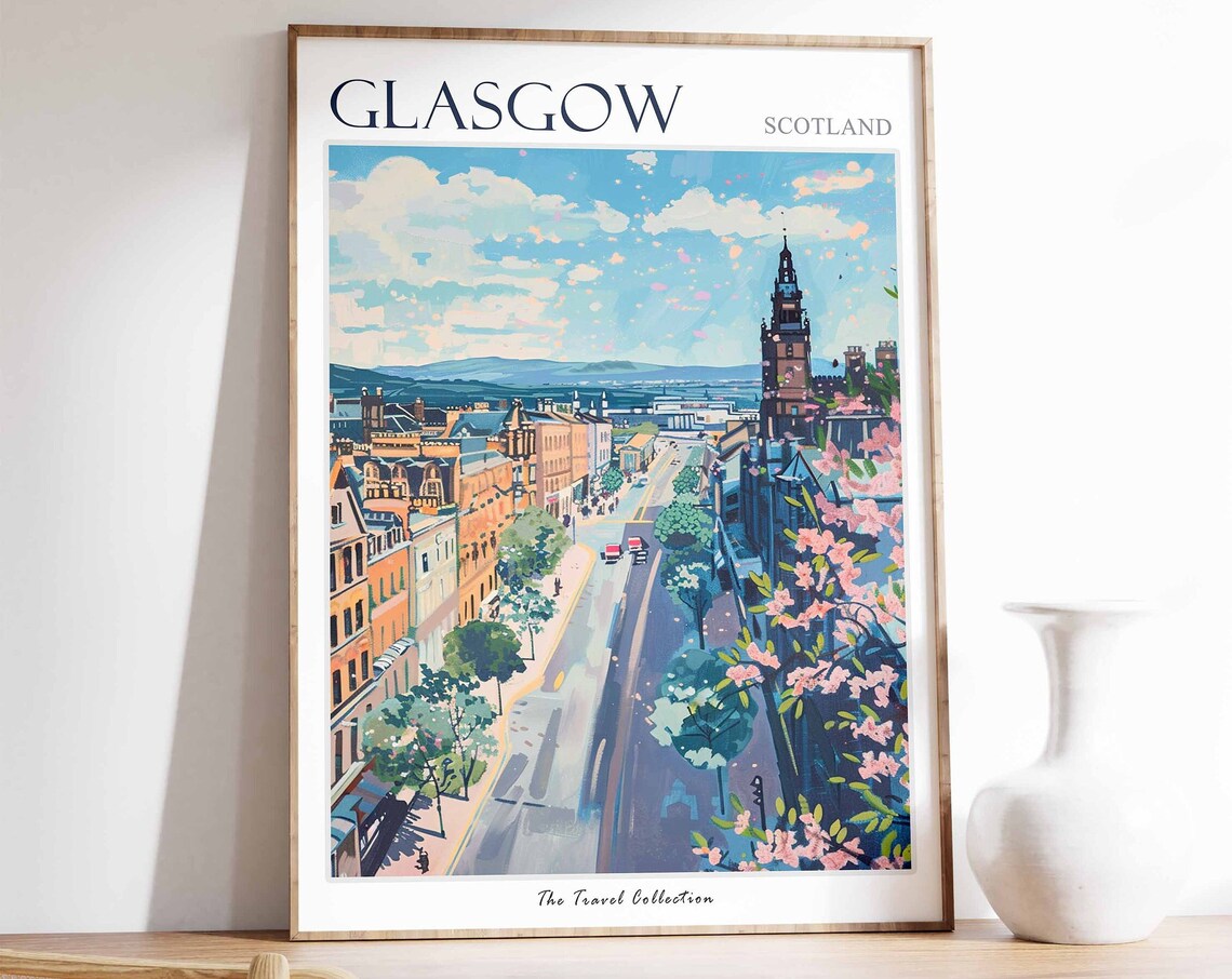 Glasgow Clock Tower Blossom Street Spring Scotland Travel Poster
