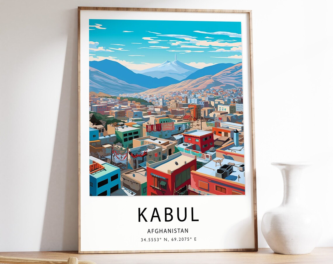 Kabul Afghanistan Colorful City Skyline Illustrated Travel Poster