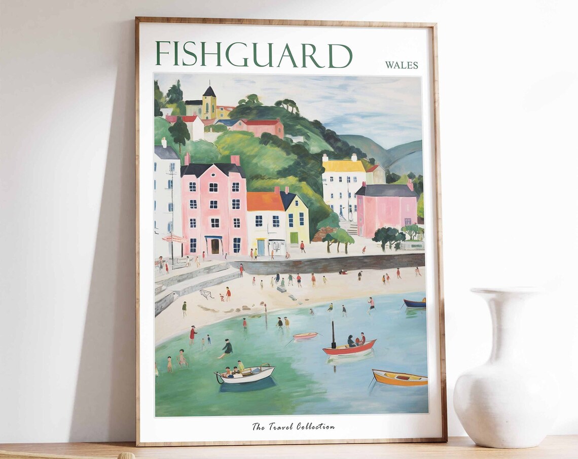 Fishguard Wales Harbour Boats Bathers Scene Vintage Travel Poster