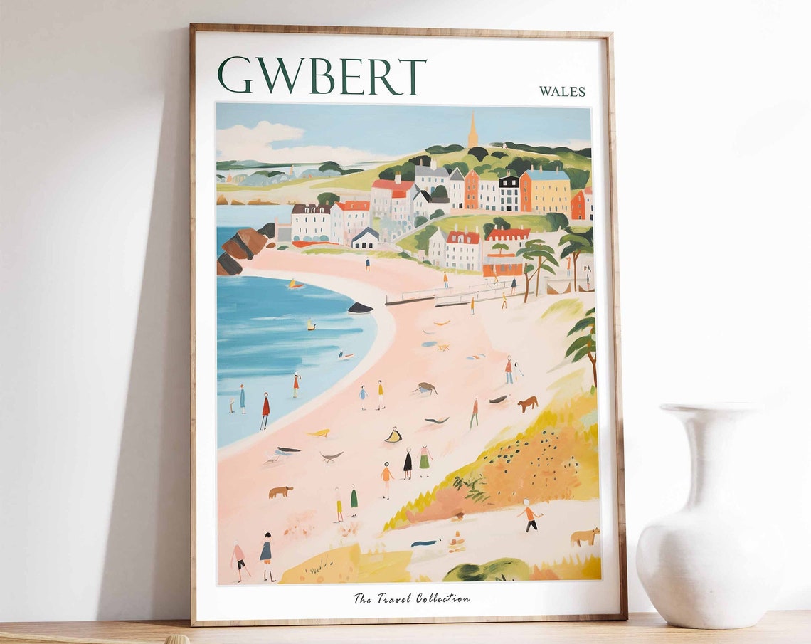 Gwbert Wales Pink Beach Hillside Town Scene Vintage Travel Poster