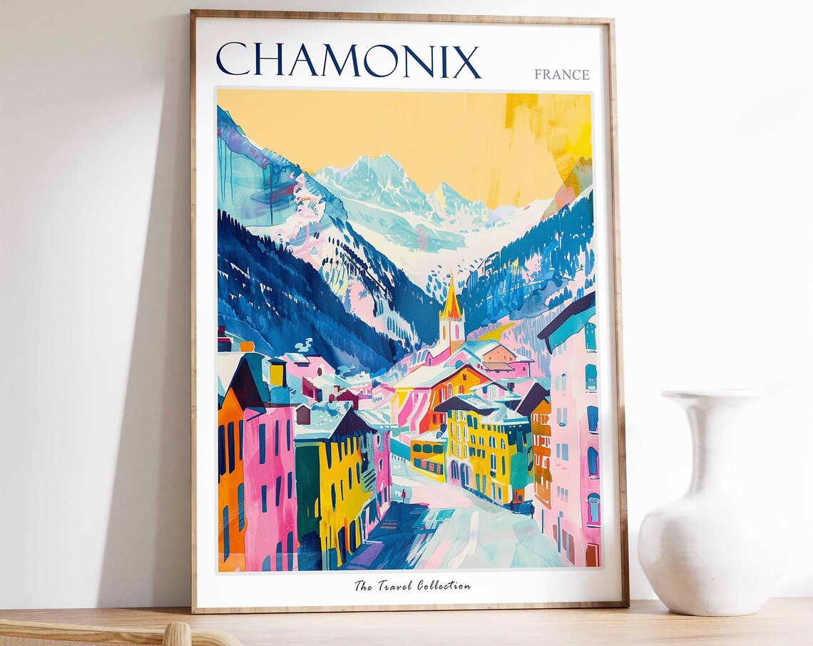 Chamonix France Colorful Alpine Town Mont Blanc Travel Art Poster