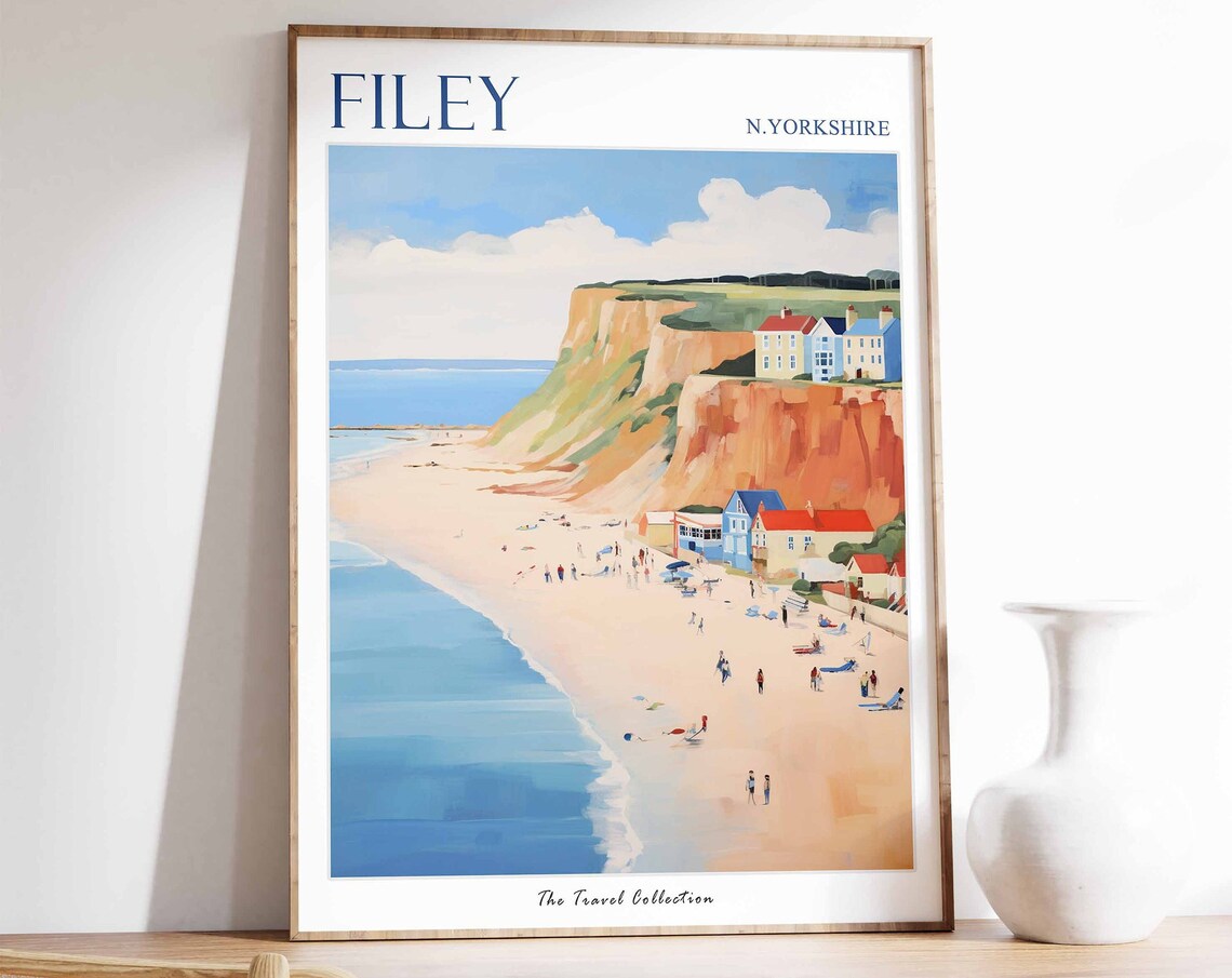 Filey North Yorkshire Orange Cliffs Beach Vintage Travel Poster