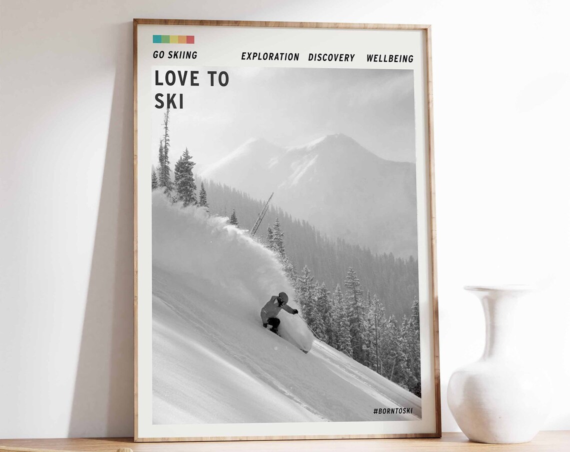 Love To Ski Powder Run Skier Mountain Black White Photo Poster