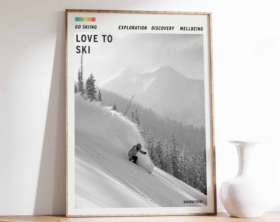 Love To Ski Powder Run Skier Mountain Black White Photo Poster