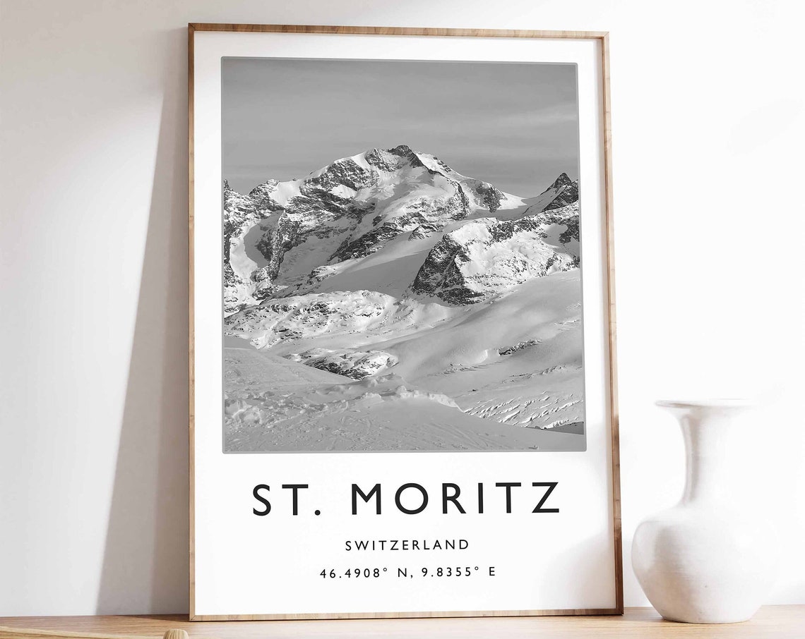 St Moritz Switzerland Snowy Alpine Peaks Black White Photo Art Poster