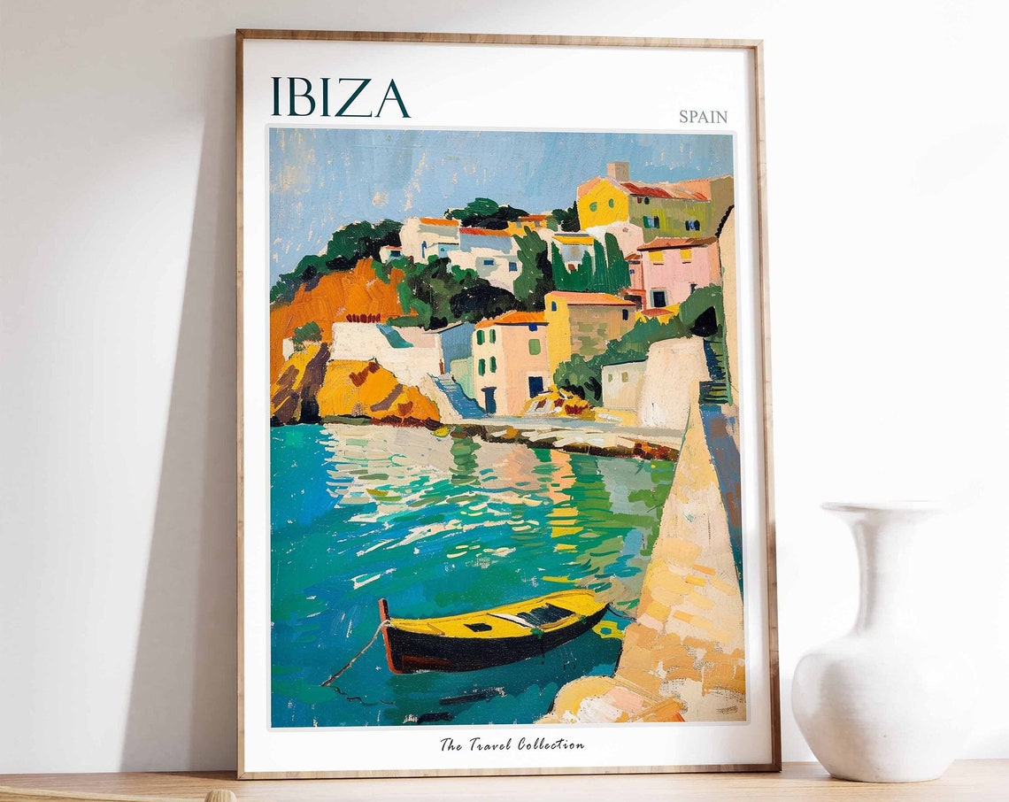 Ibiza Spain Harbor Yellow Rowboat Impressionist Painting Poster