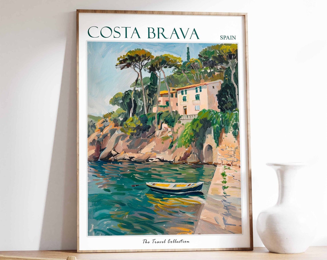 Costa Brava Cliffside Villa Boat Spain Painterly Travel Poster