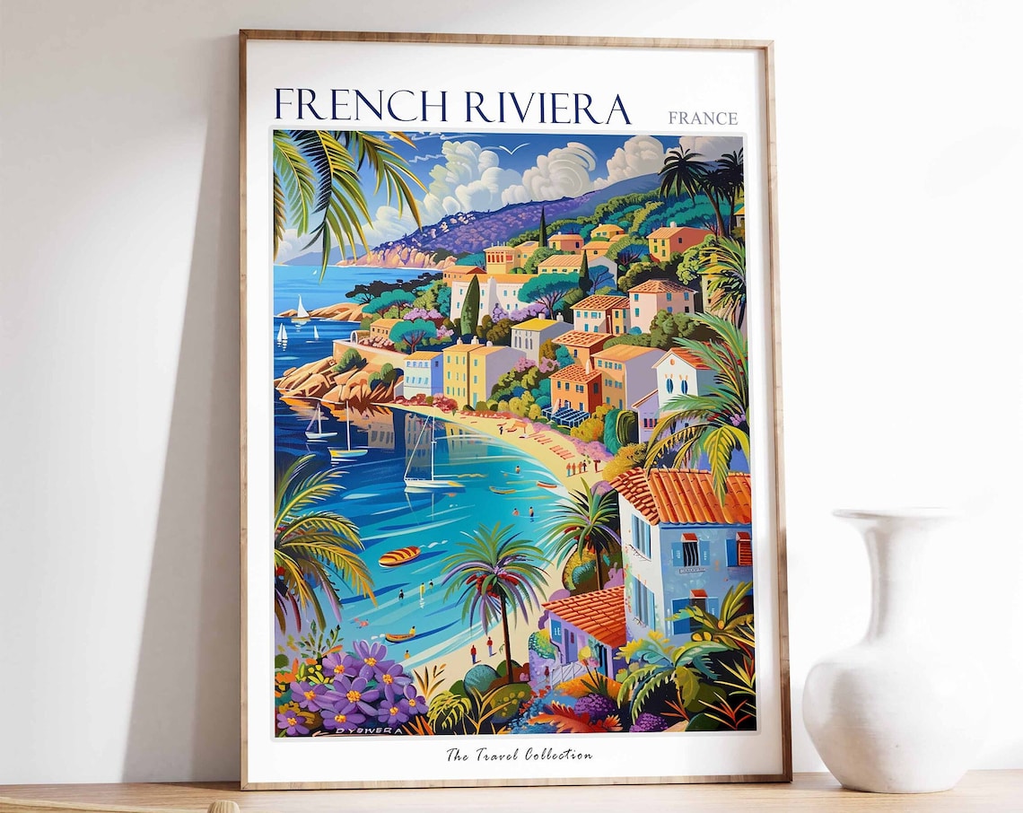 French Riviera Travel Poster, Tropical Coastal Print