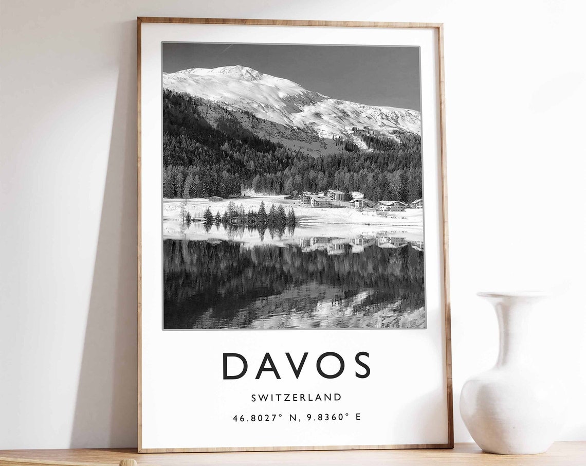 Davos Switzerland Snowy Mountain Lake Black White Travel Poster