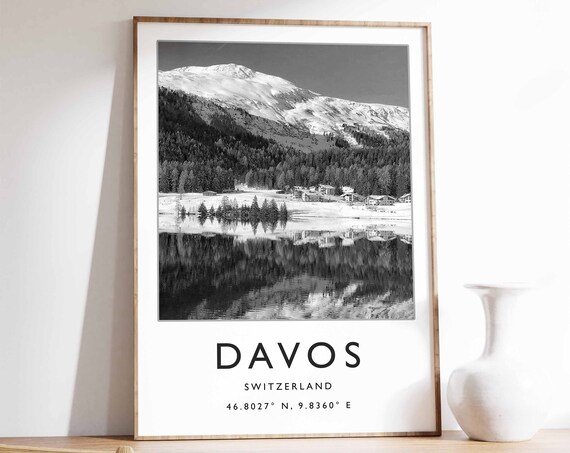 Davos Switzerland Snowy Mountain Lake Black White Travel Poster