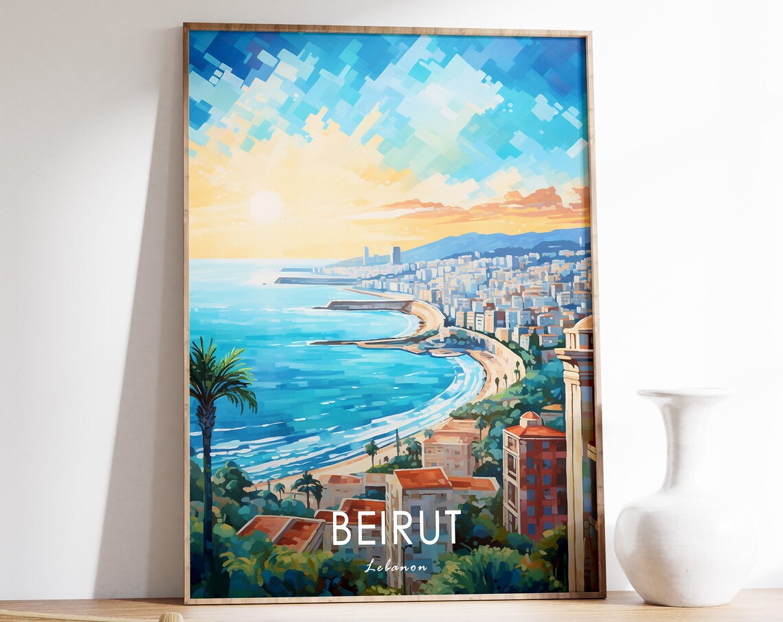 Beirut Lebanon Coastal City Bay Colorful Painting Travel Poster