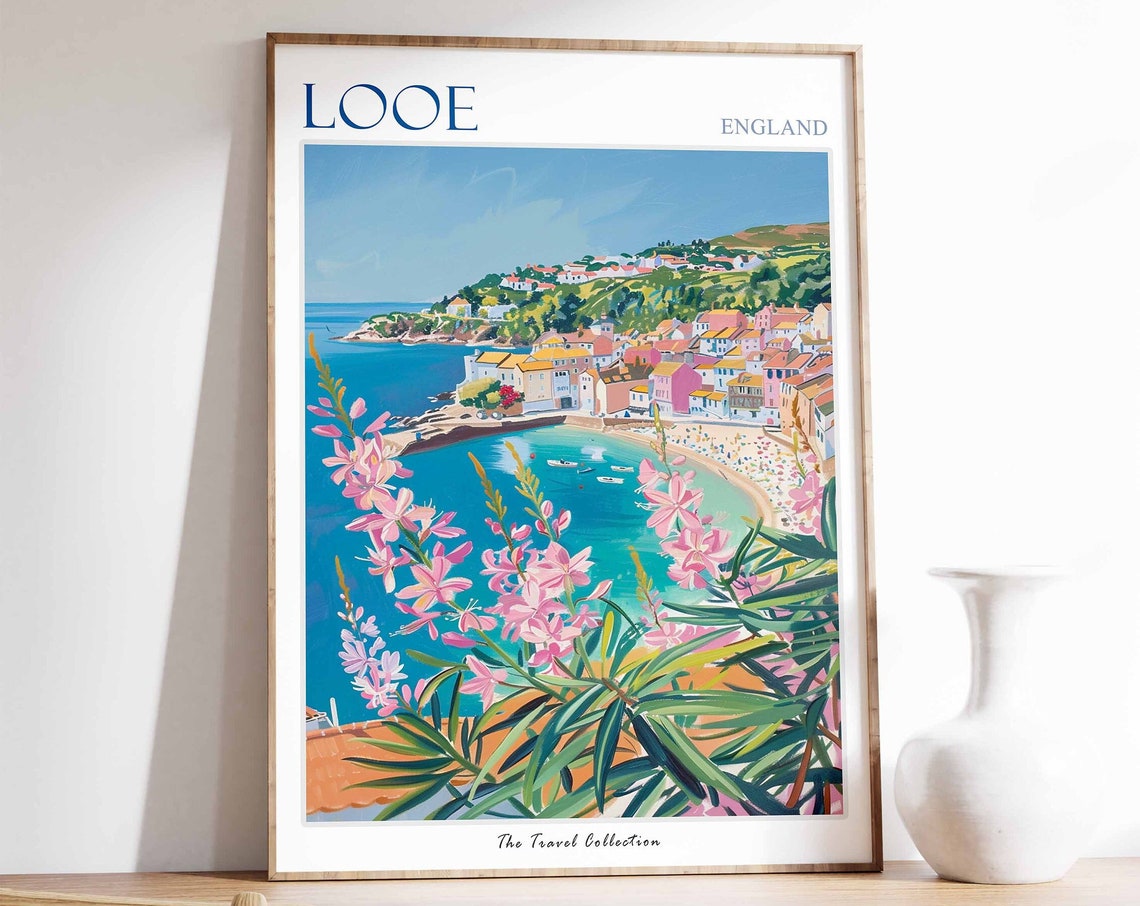 Looe England Fishing Village Harbor Pink Flowers Travel Poster