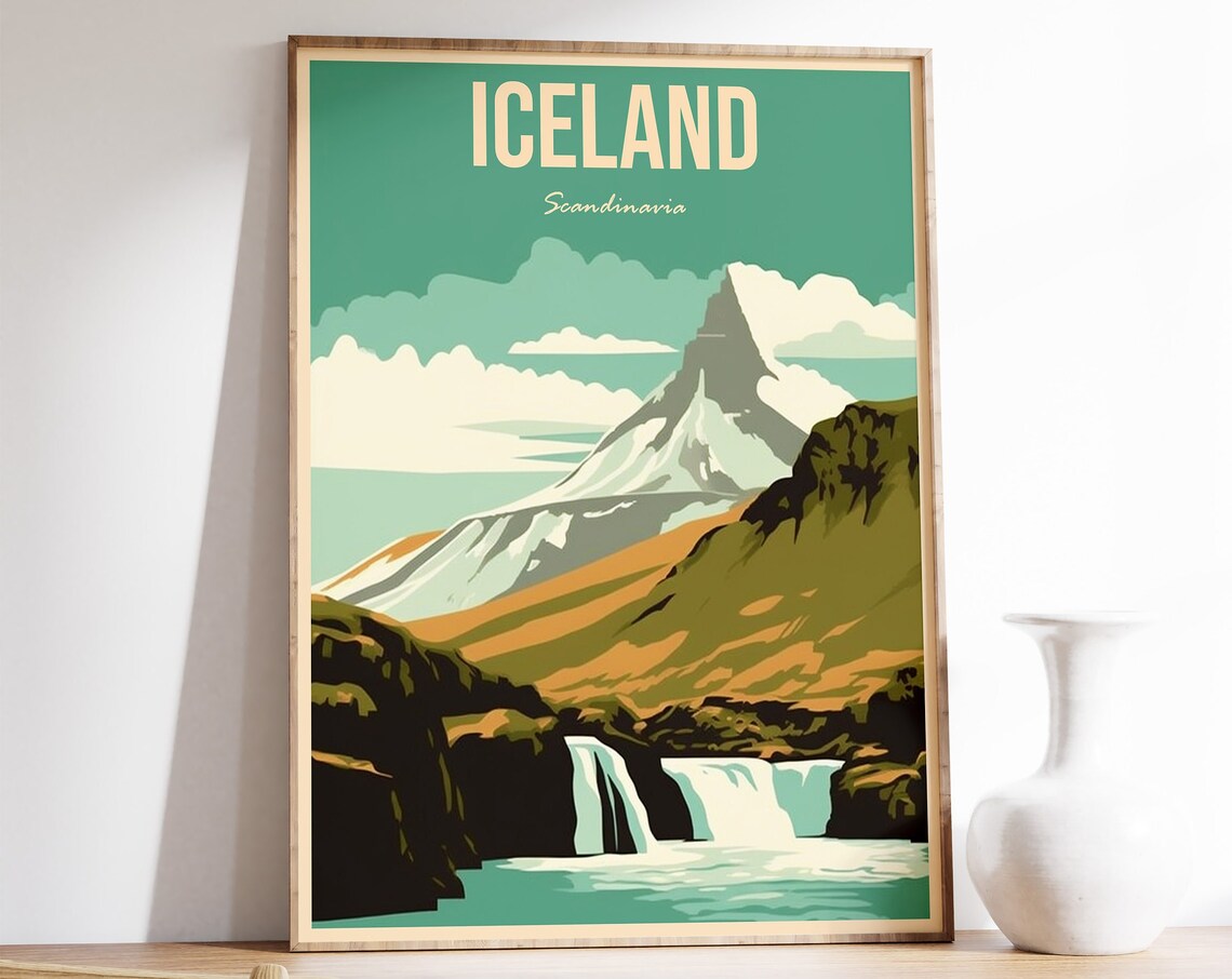 Iceland Travel Poster, Vintage Scenery Art Print