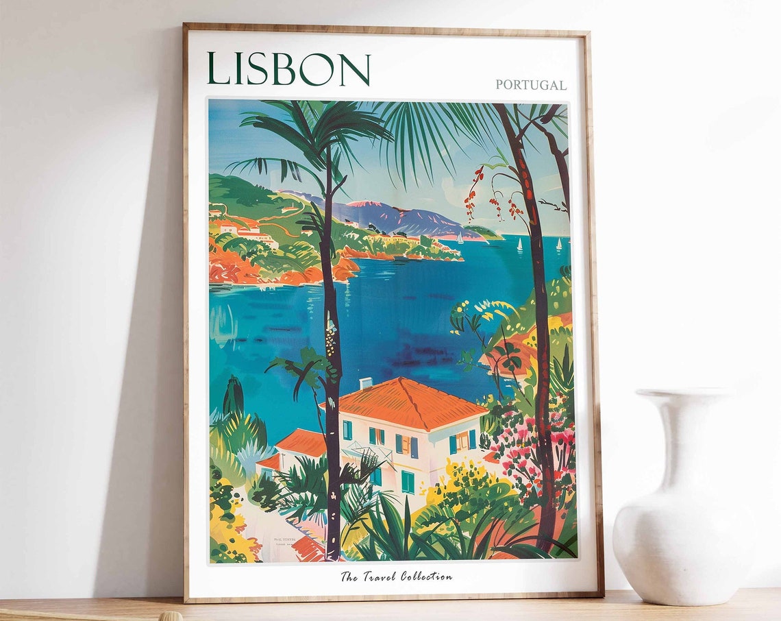 Lisbon Portugal Coastal Villa Palm Trees Travel Collection Poster