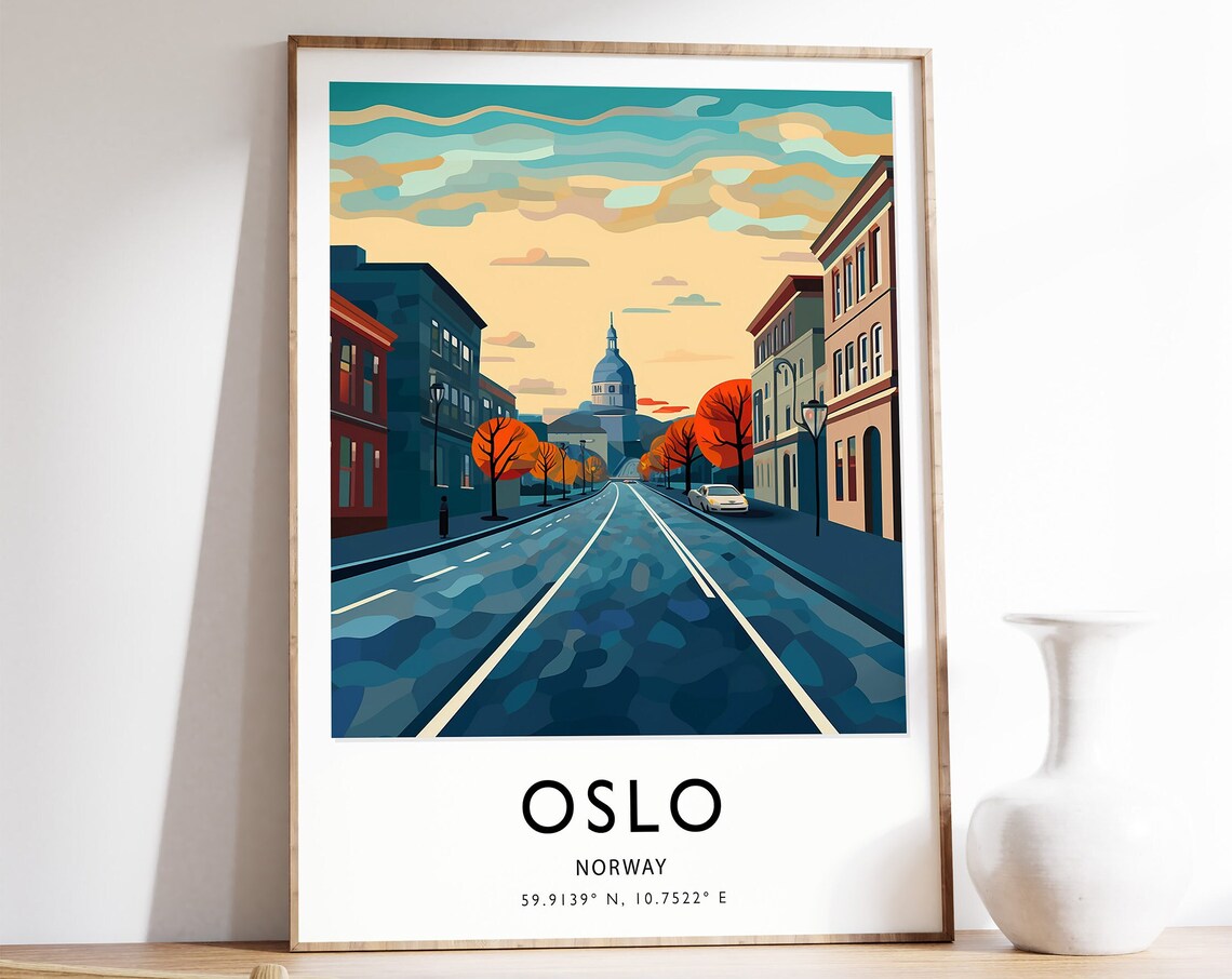 Oslo Norway City Street Cathedral Dome Sunset Nordic Travel Art Poster