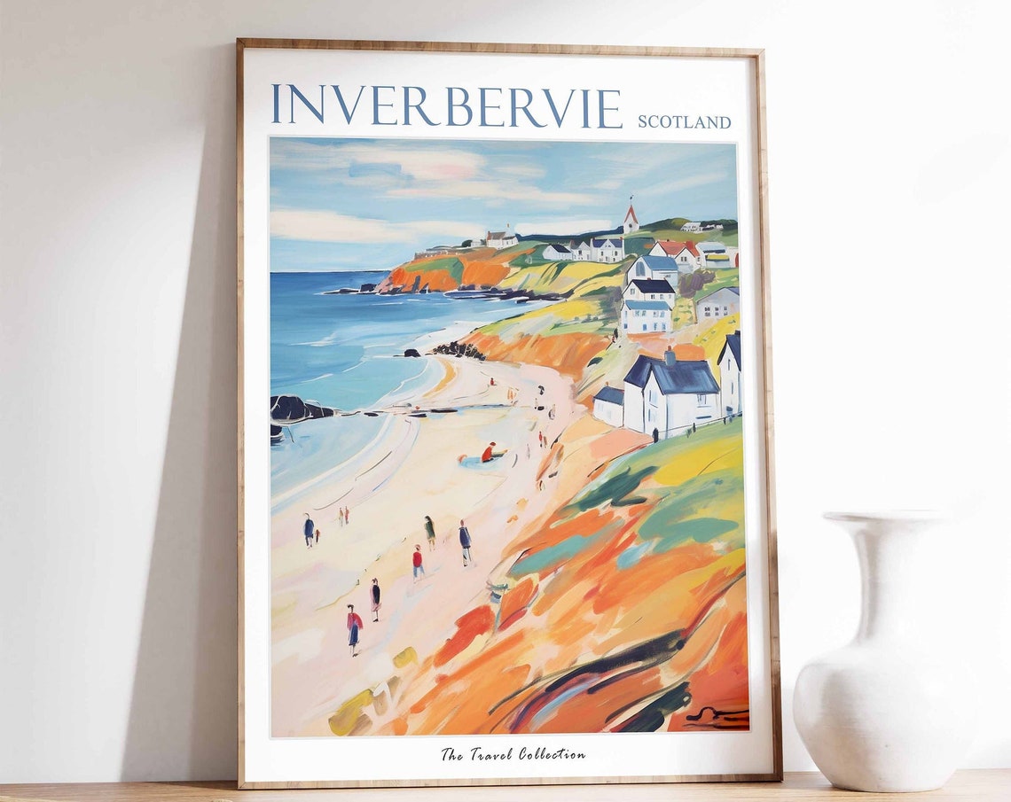 Inverbervie Scotland Bright Beach Day Beneath Golden Cliffs Poster