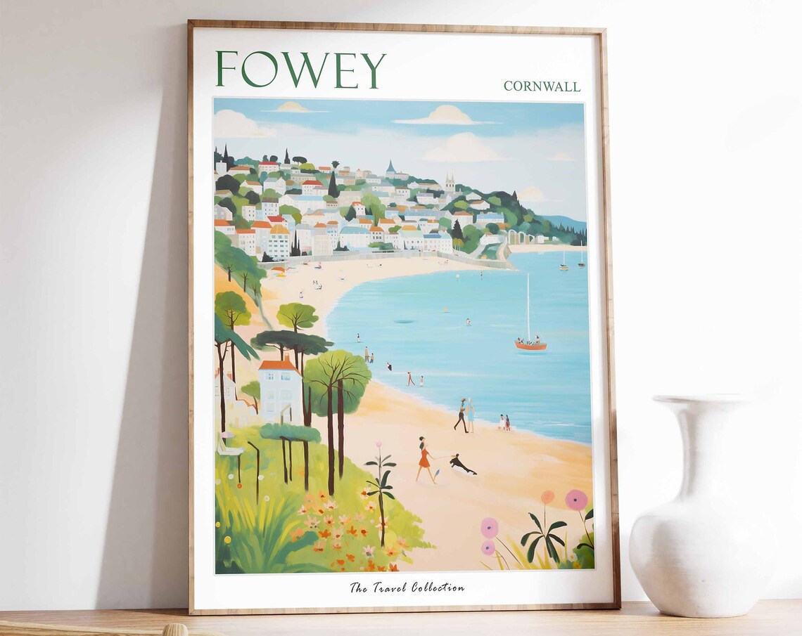 Fowey Cornwall Hillside Town Beach Scene Vintage Travel Poster