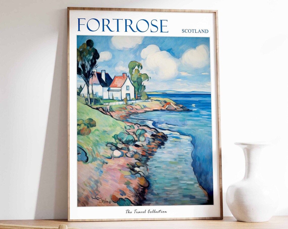 Fortrose Scotland Rocky Coast Cottage Scene Vintage Travel Poster