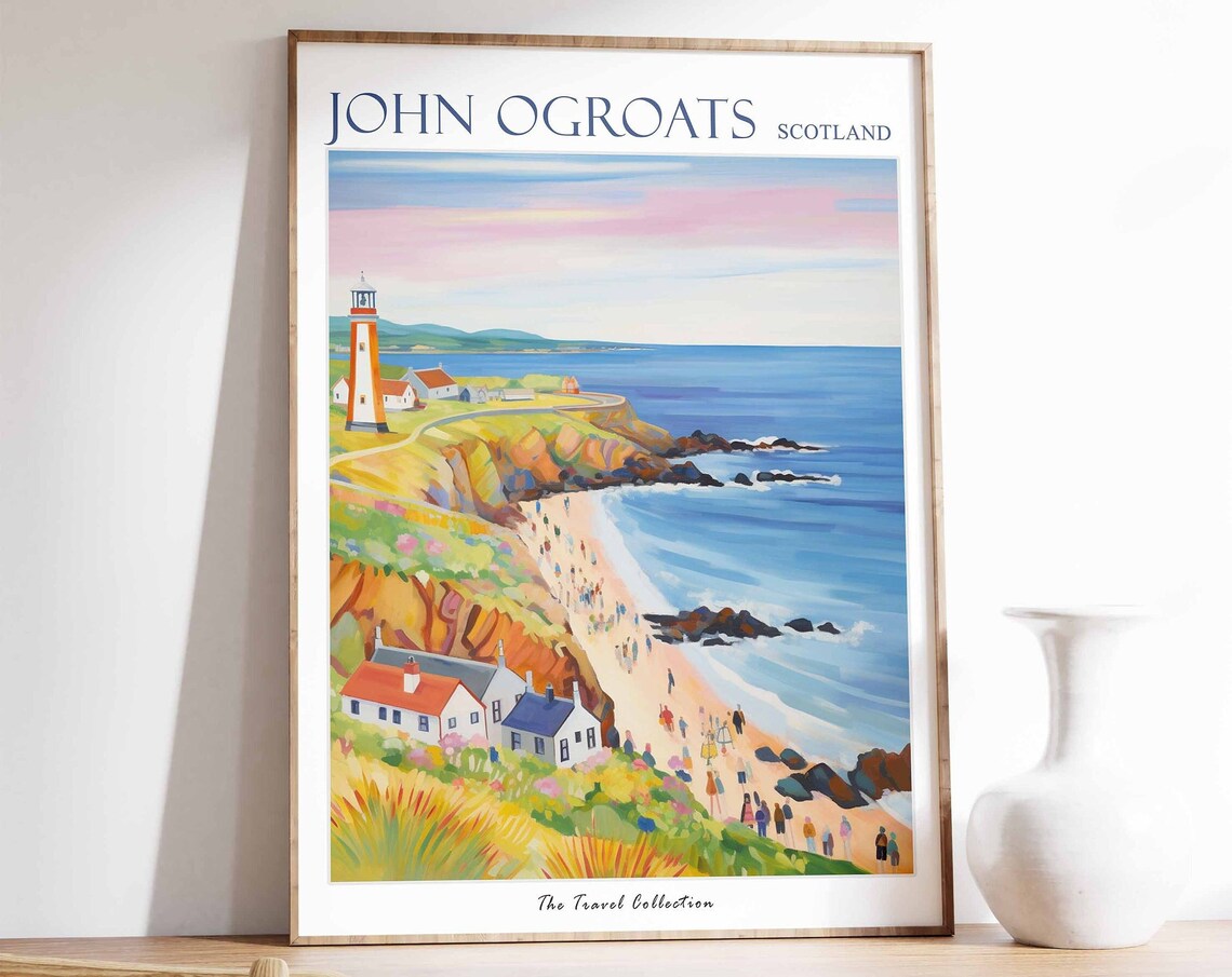 John Ogroats Scotland Lighthouse Coast Beach Colorful Painting Poster