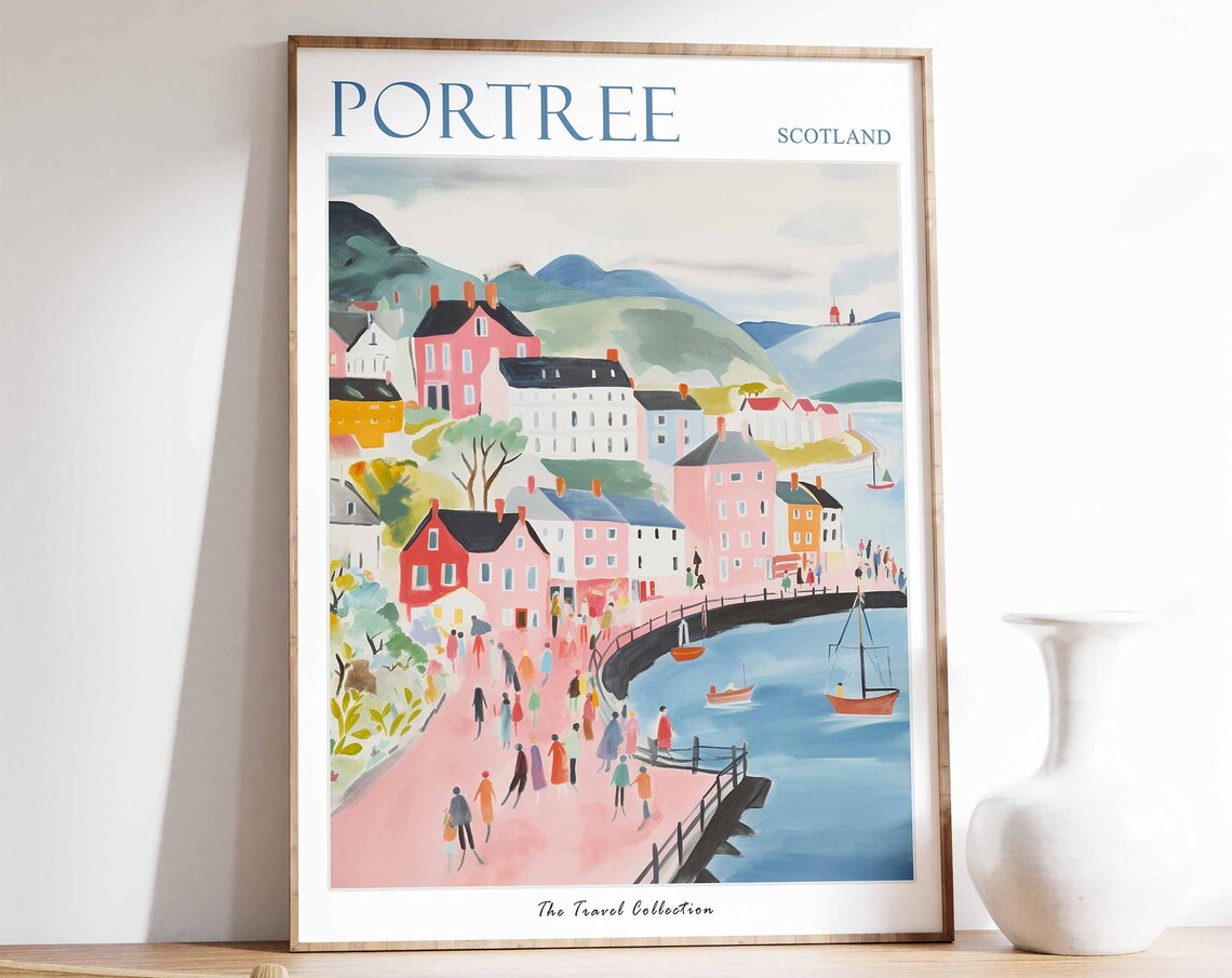 Portree Scotland Harbor Colorful Houses Hills Boats Travel Poster
