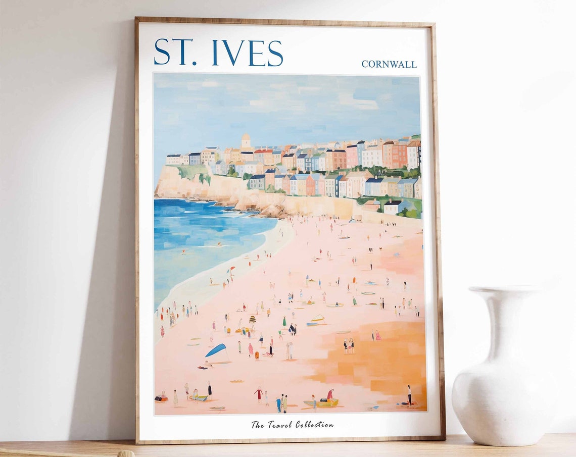 St. Ives Cornwall Wide Sandy Beach Cliffs Bathers Travel Poster