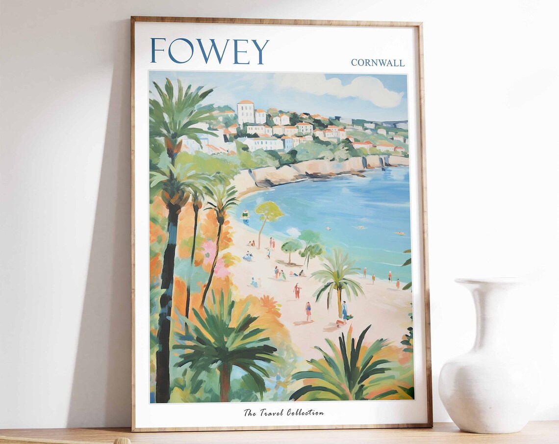 Fowey Cornwall Palm Trees Cliff Town Scene Vintage Travel Poster